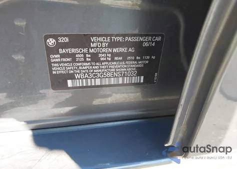 2014 BMW 320I xDrive из США, поврежденный, VIN WBA3C3G58ENS71032